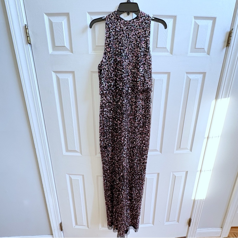 NWT Adrianna Papell Black sequin beaded halter blouson gown size 10. - Picture 2 of 8